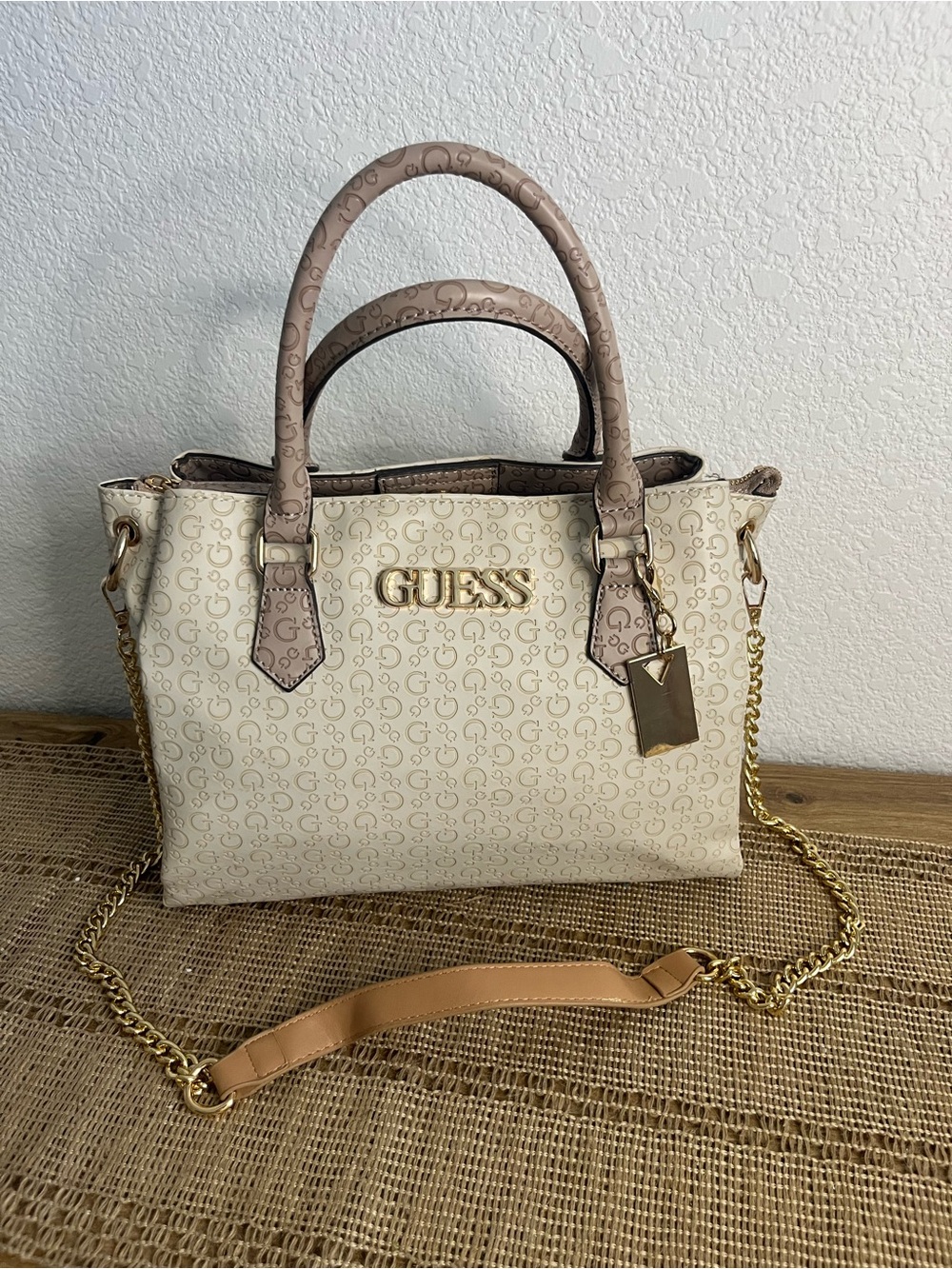 GUESS Factory Zakaria Monogram Satchel Bag - Cream/Tan with Upgraded Chain Strap